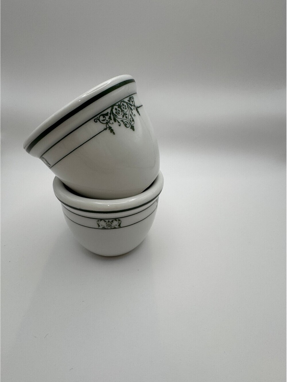 Vintage Fraunfelter Set of Two Custard Cups in white with green band 3"